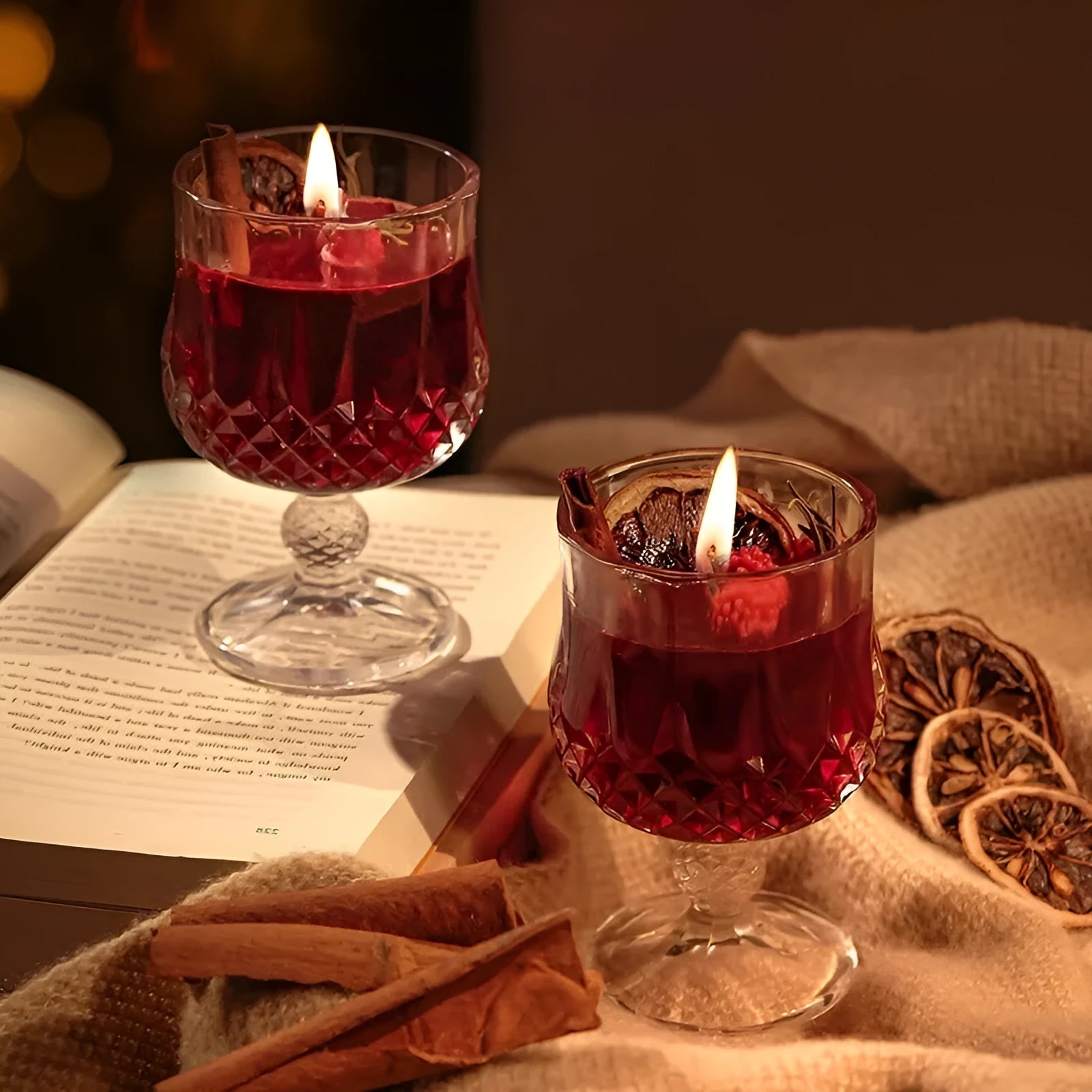 Glass wine goblet shaped aromatherapy candle with French mulled wine fragrance