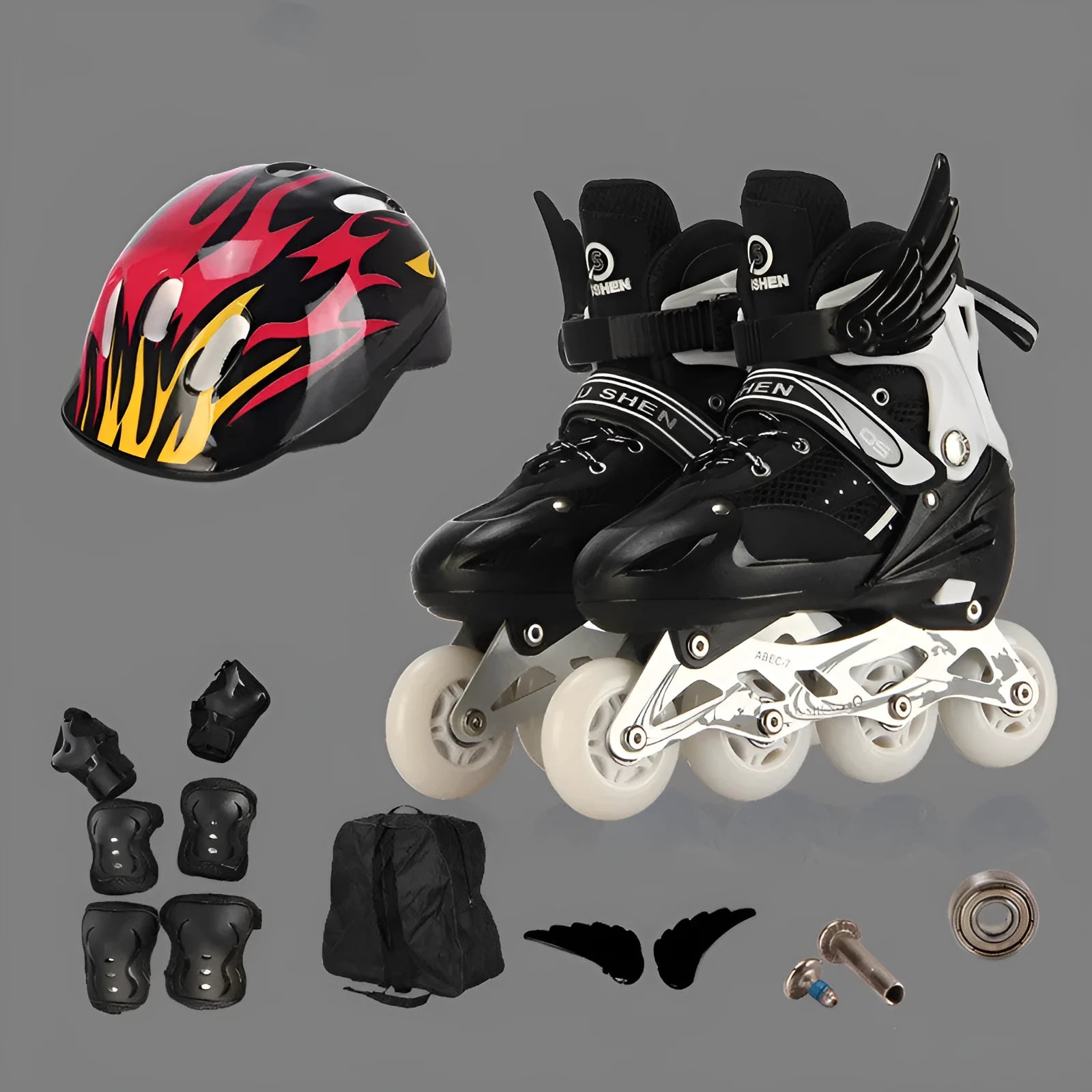Children's adjustable roller skates with aluminium frame, PU mesh upper, and complete protective gear set