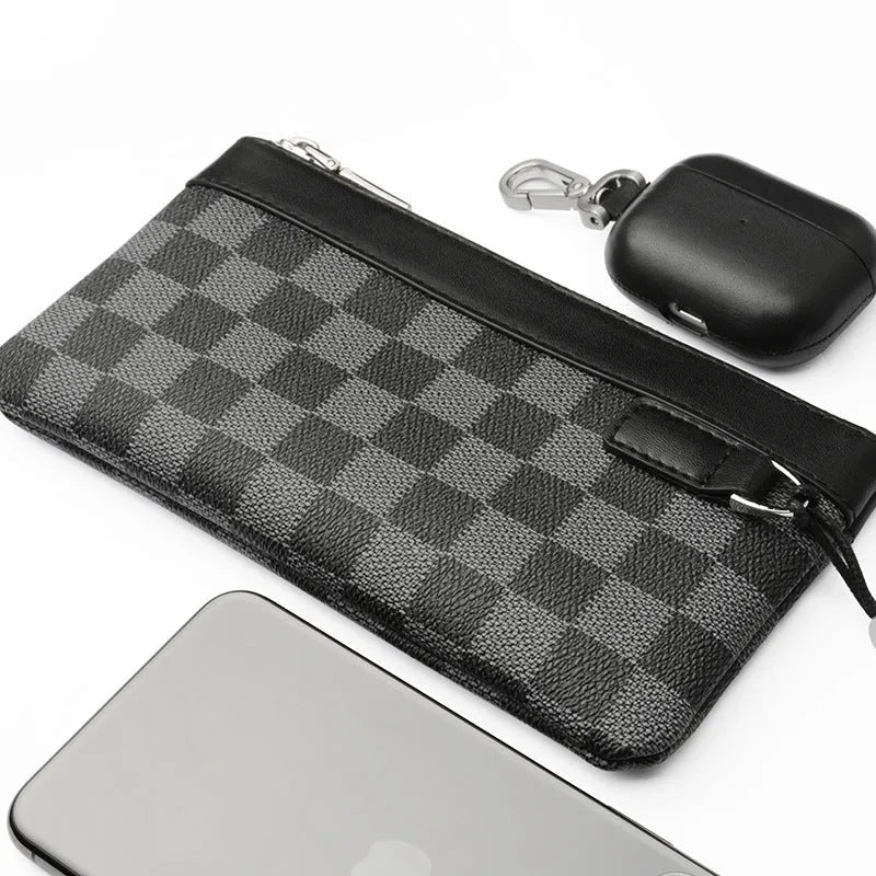 Black genuine cowhide leather men's clutch wallet, shown closed, measuring 20 by 10 centimetres.