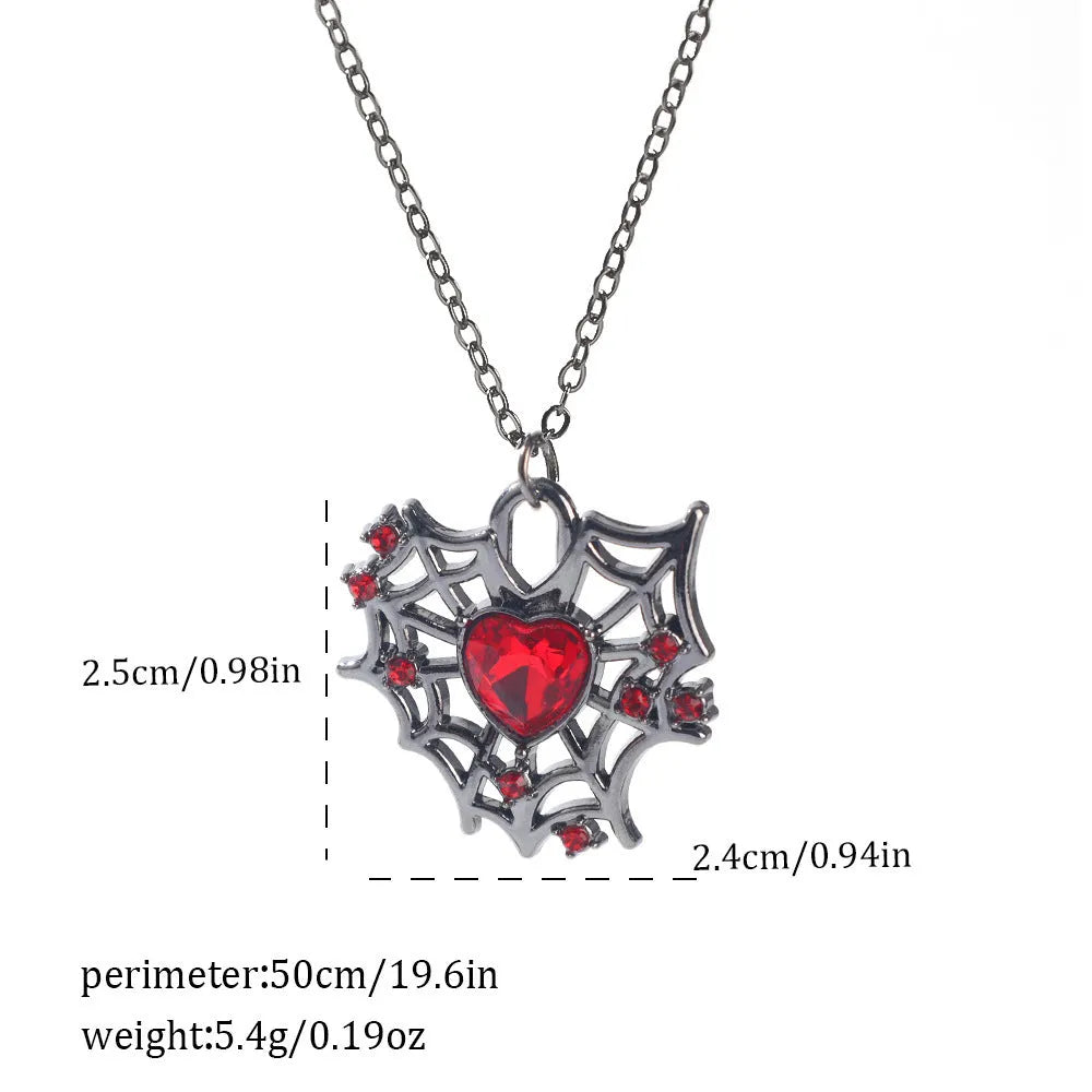 Silver electroplated gothic Halloween necklace with bat and spider pendant designs on a chain.