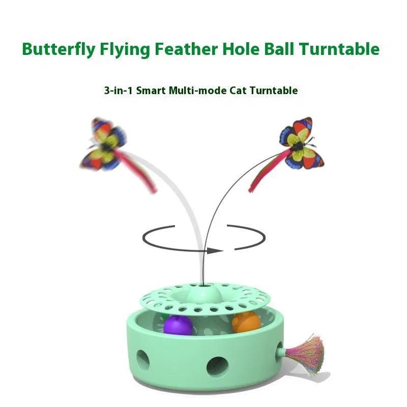 Pink and white ABS PP electric three-in-one cat toy with turntable, butterfly feather, and excavator movement