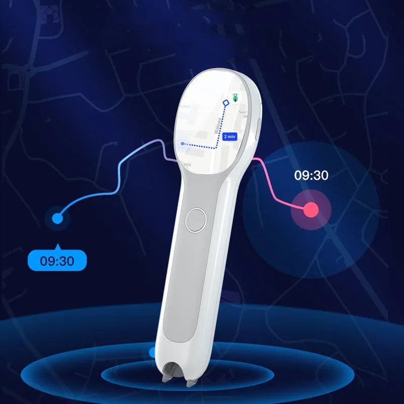 White electronic reading pen with USB charging cable for unlimited book compatibility and bilingual support