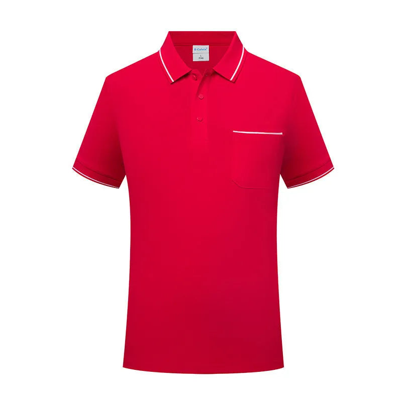 Men's apricot lapel short sleeve polo shirt with a chest pocket.
