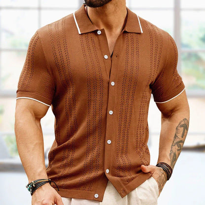 Short-sleeve polo shirt in brown, navy blue, and khaki colors with unique flocked design and regular fit