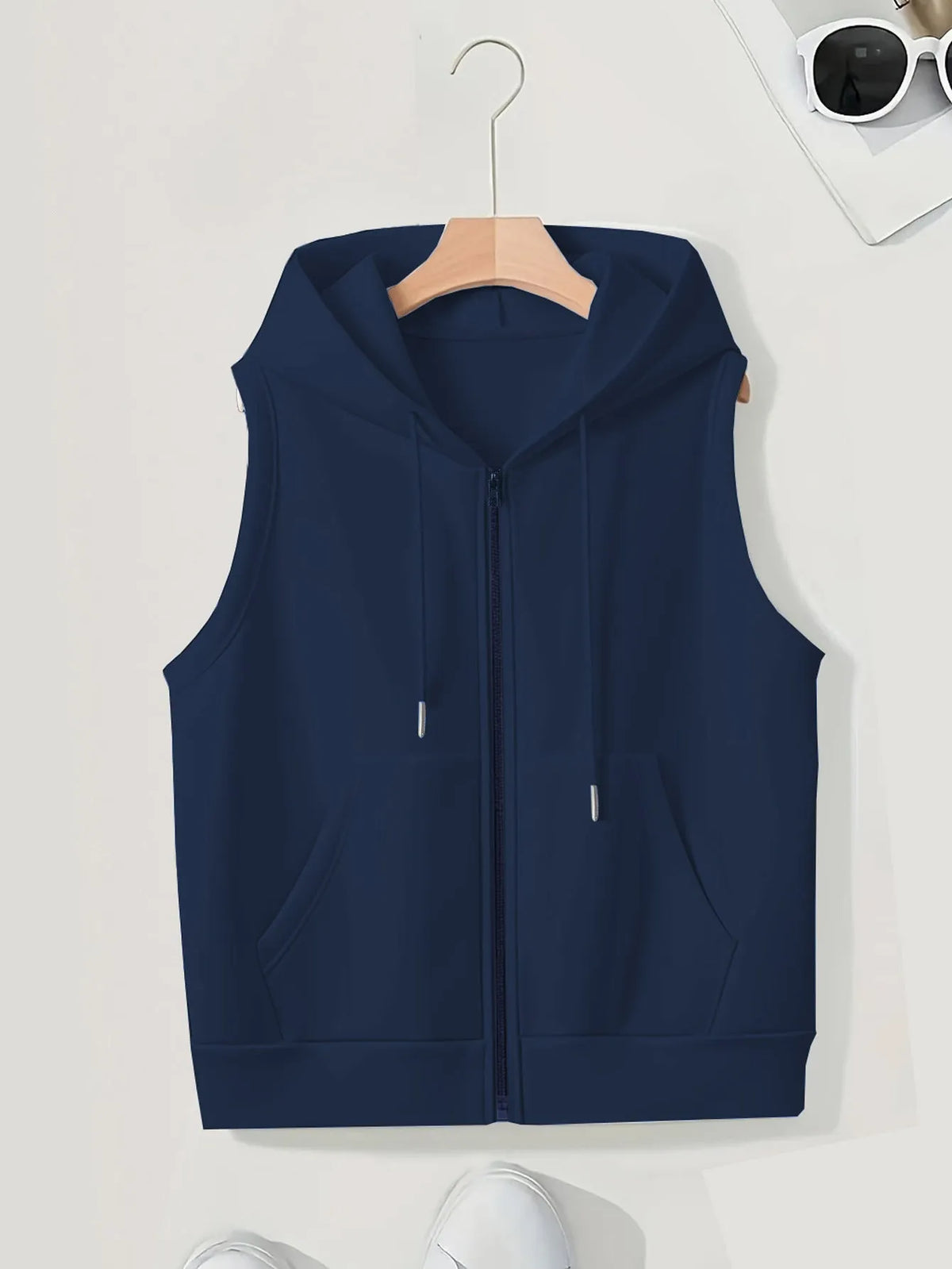 Women's sleeveless slim-fit zip cardigan sweater in white, black, dark blue or purple, sizes S to 3XL
