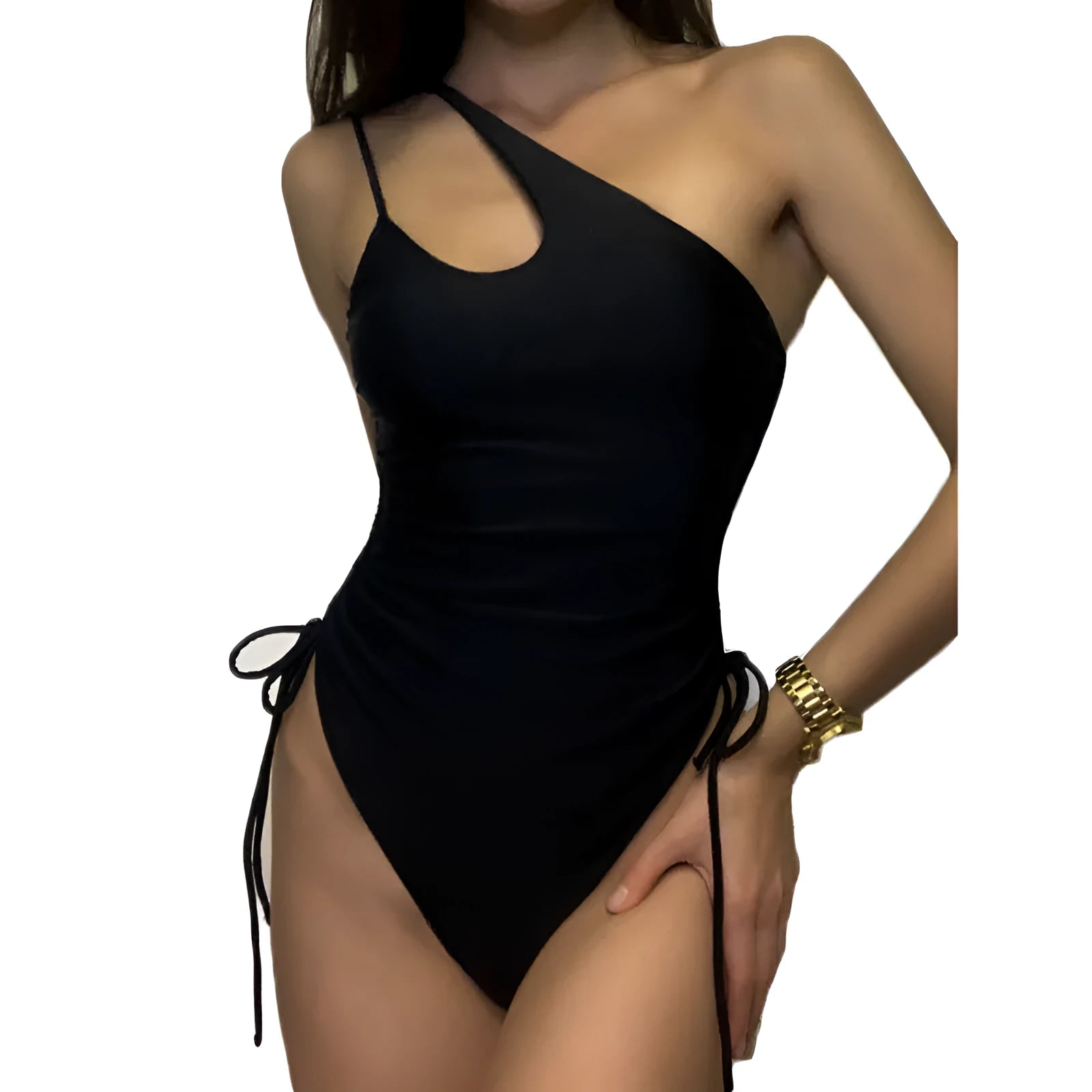 Black tight-fitting women's dress with sloping shoulders and decorative lacing detail, sleeveless design.
