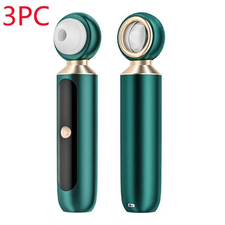 Portable visual blackhead remover with convex lens, three suction tips, and LED light in green