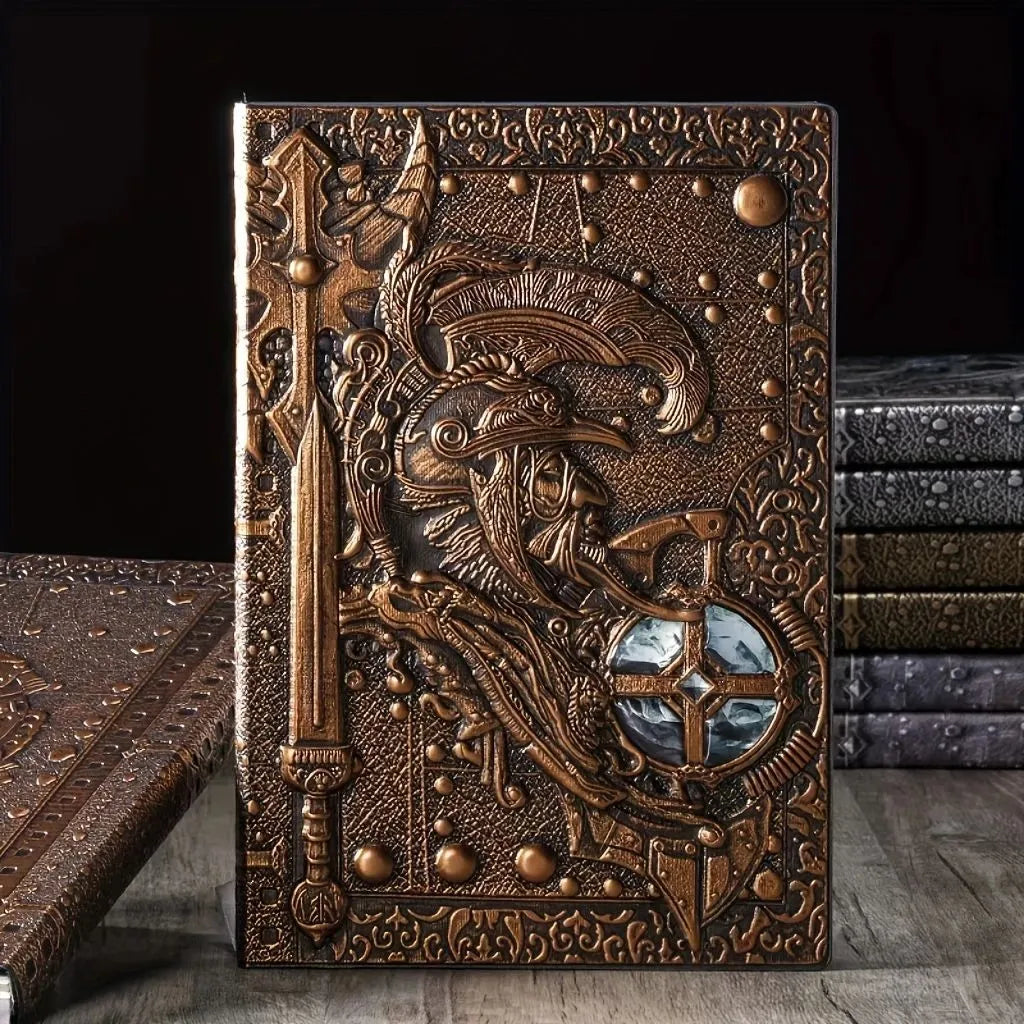 A5 leather notebook with embossed 3D warriors relief design on the cover, shown in bronze colour.