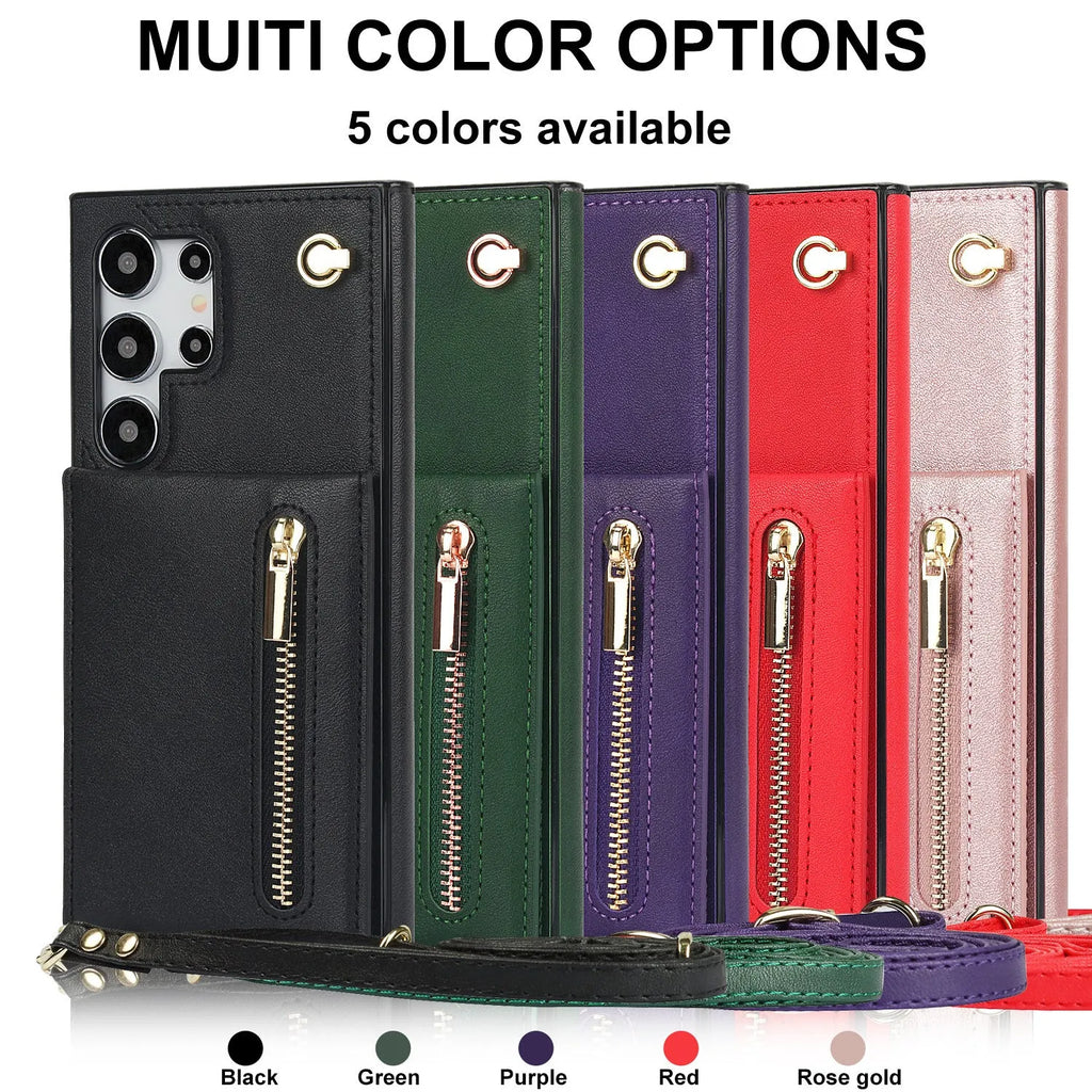 Black Samsung phone case with a crossbody strap, card slot, and folded kickstand visible on the back.