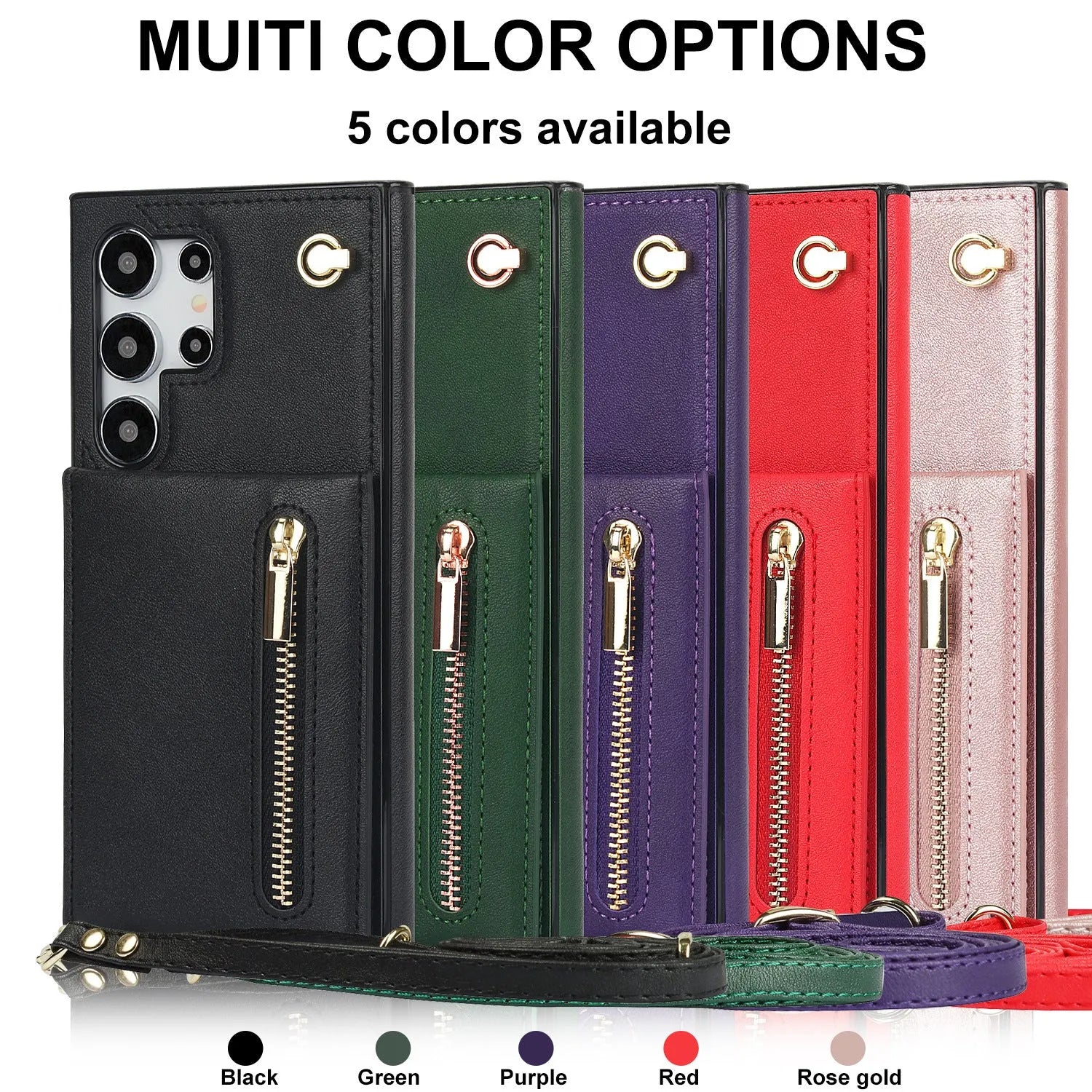 Black Samsung phone case with a crossbody strap, card slot, and folded kickstand visible on the back.