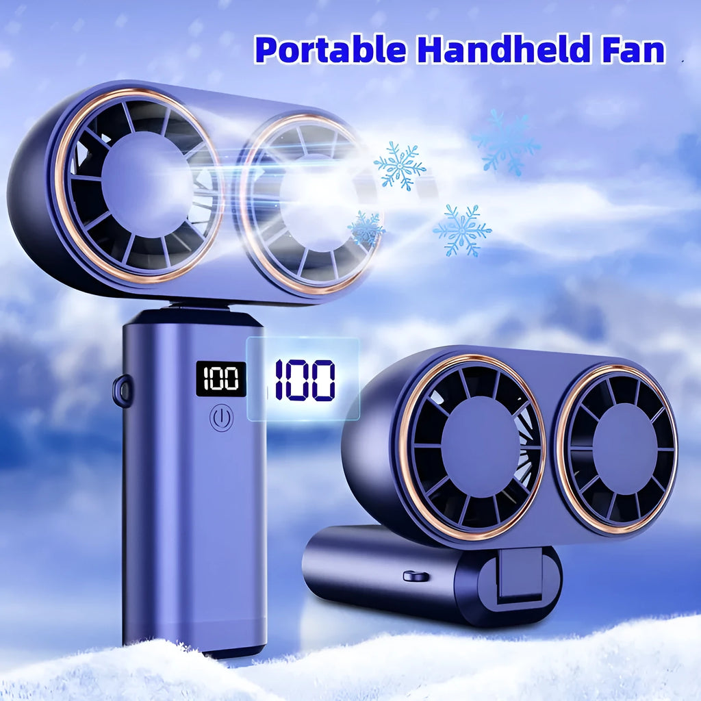 USB rechargeable handheld mini fan with digital display showing battery level