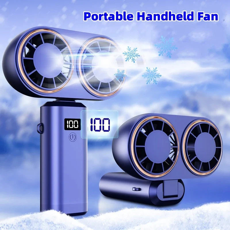 Portable USB rechargeable folding desk fan with 5 adjustable speed settings and digital display for personal cooling on-the-go