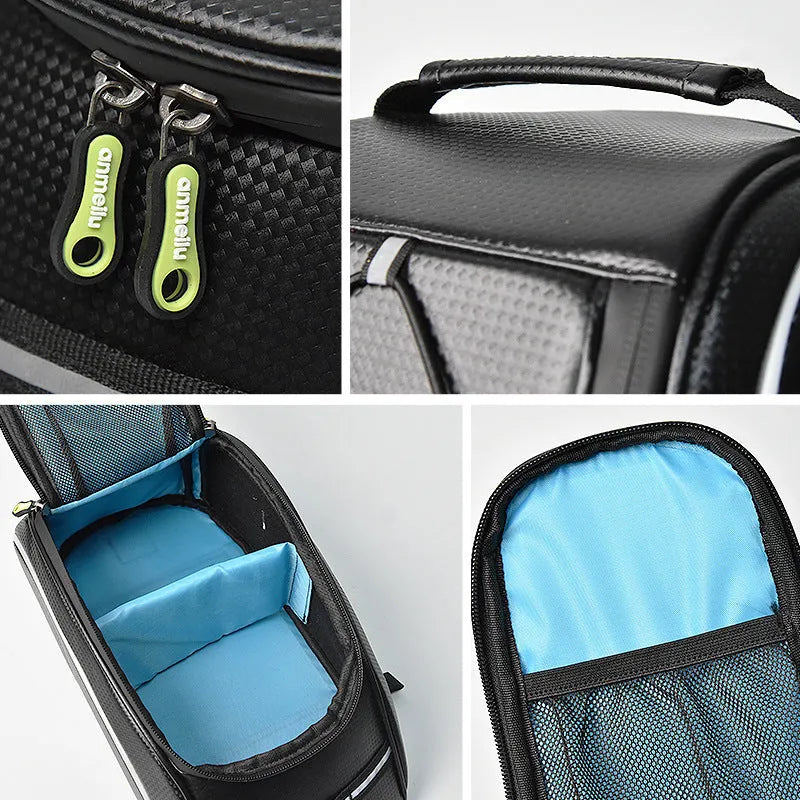 Waterproof black PU leather bicycle pannier bag mounted on a bike rear rack.