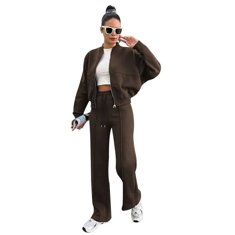 Women's fleece zipper cardigan and straight pants suit in black, two-piece casual set with stitching details