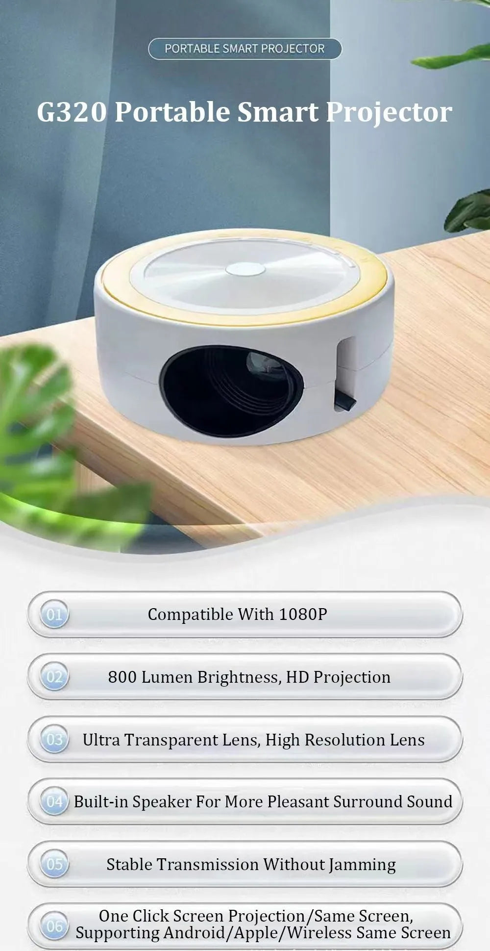 YT200 portable LED projector in black colour with compact 110x47mm dimensions