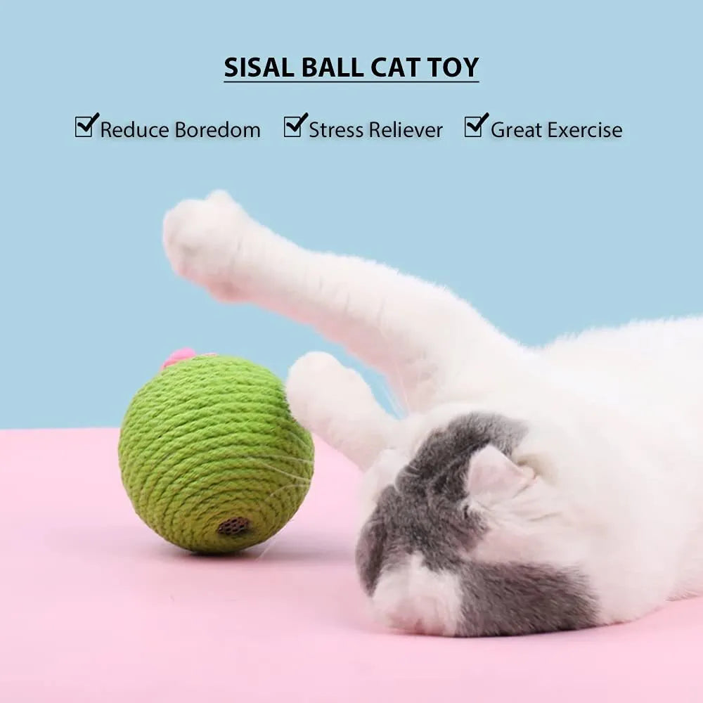 Green cactus-shaped cat scratcher with sisal scratching surfaces and attached tumbler balls containing catnip toys