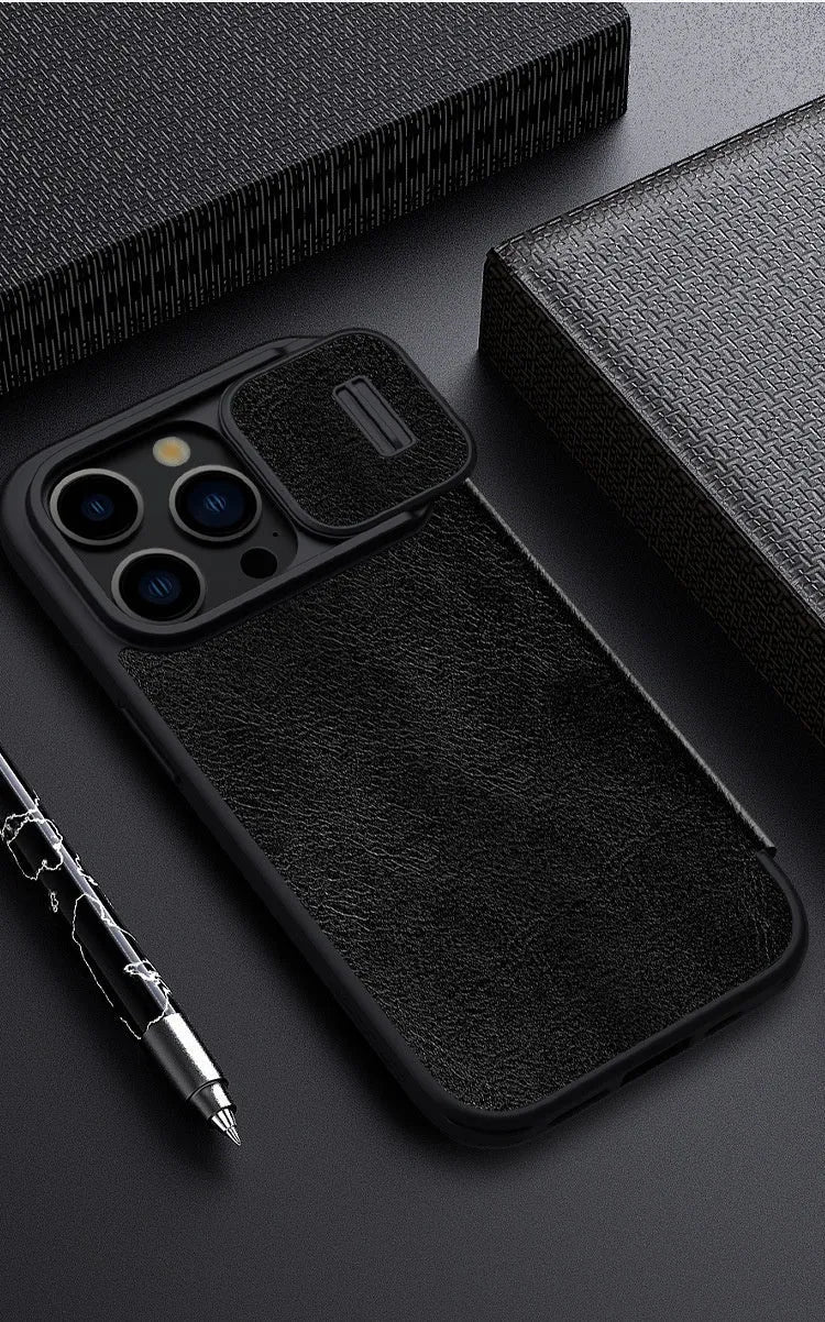 PRO imitation leather flip phone case for iPhone 15 models in black, brown, or red.