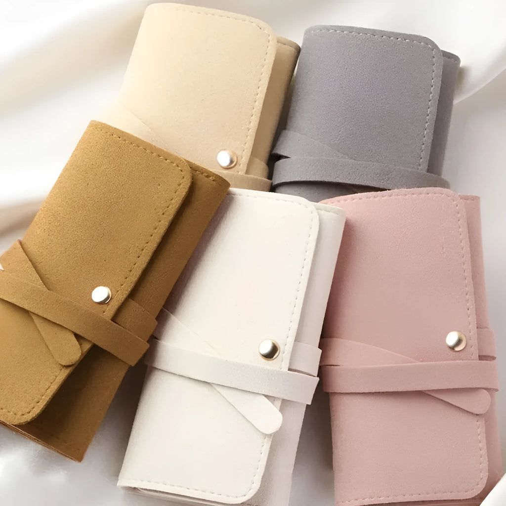 Brown PU leather jewelry storage bag with microfiber lining for earrings and rings