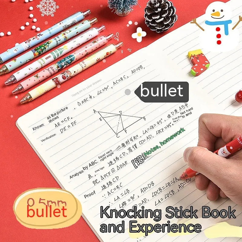 Six colourful cartoon press gel pens with black ink in plastic shells as Christmas gift set
