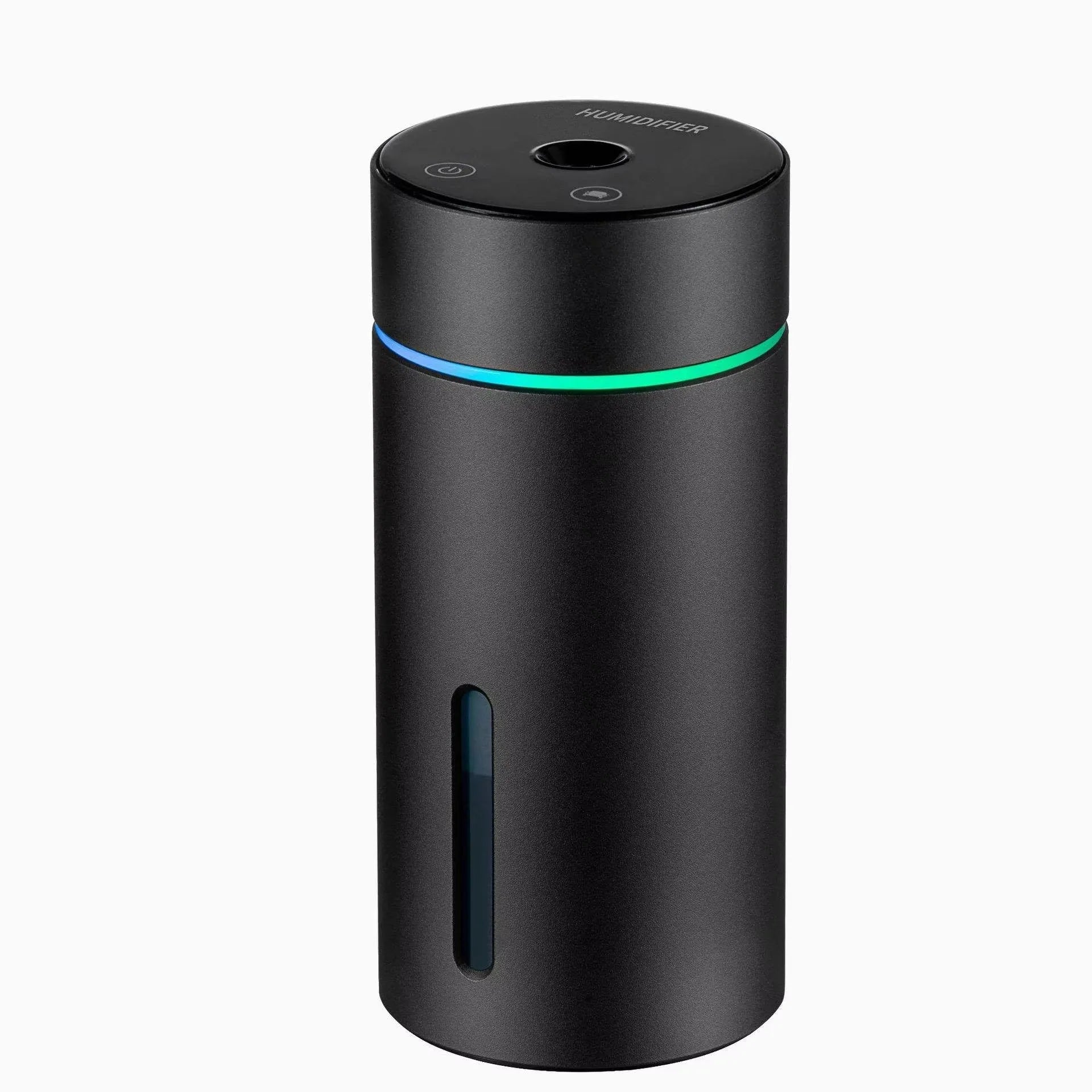 Compact aluminium car air humidifier and essential oil diffuser with night light on wooden desk
