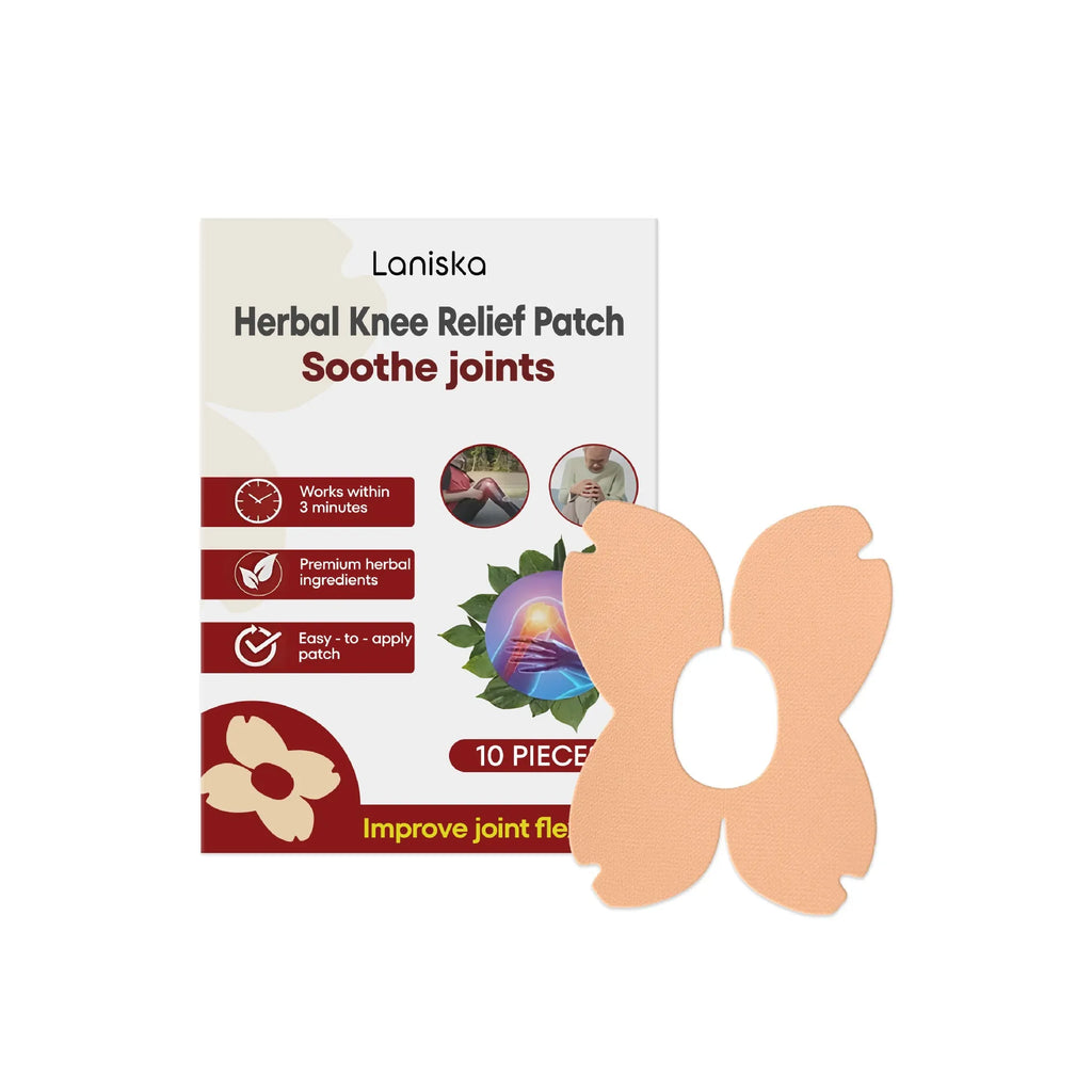 Open box showing ten LANISKA herbal moxa leaf and menthol joint care adhesive bandages.