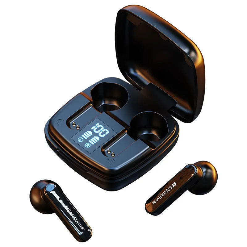 Semi-in-ear wireless Bluetooth earphones in dark night black colour with digital battery display