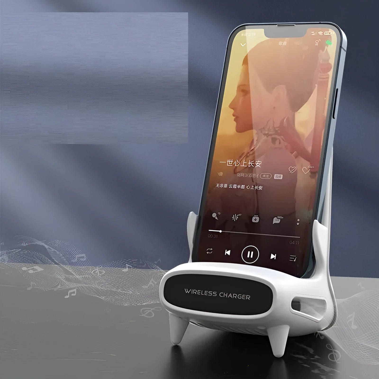 White desktop vertical wireless charging stand with a mobile phone placed on it, 15W fast charging