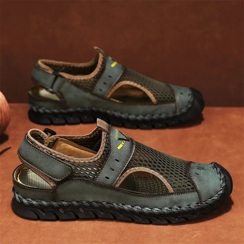 Men's brown leather casual sneakers with mesh panels and an elastic band across the instep.