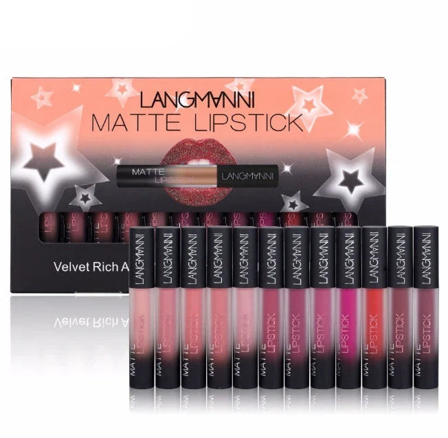 Velvety matte lipstick collection in various shades, offering long-lasting, vibrant color and nourishing comfort.