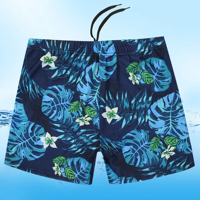 Men's loose fit anti-embarrassment swimming trunks in dark blue background big flower pattern, polyester fabric
