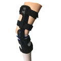 Black anterior ligament knee pad and supporter showing brushed cloth exterior with sponge cushioning