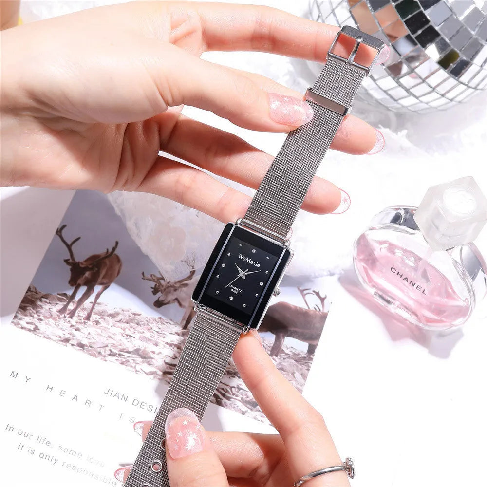 Fashion simple rectangular dial couple watch in white with metal case and glass face