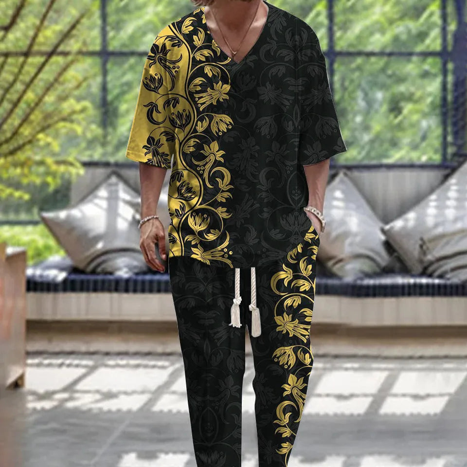 Women's cropped sleeve V-neck trousers suit in thin polyester fabric showing jacket and matching trousers
