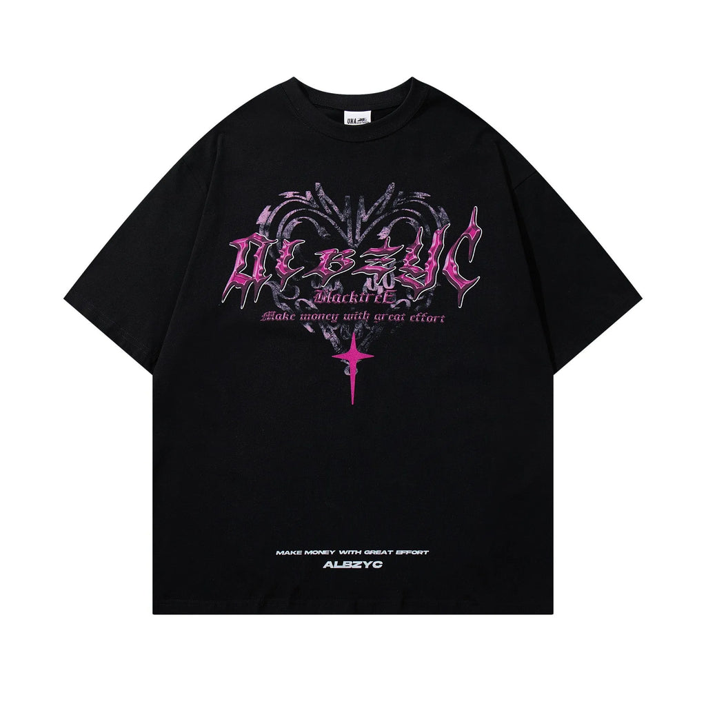 Men's black printed retro design cotton T-shirt with round neck and short sleeves