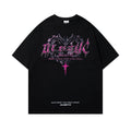 Men's black printed retro design cotton T-shirt with round neck and short sleeves
