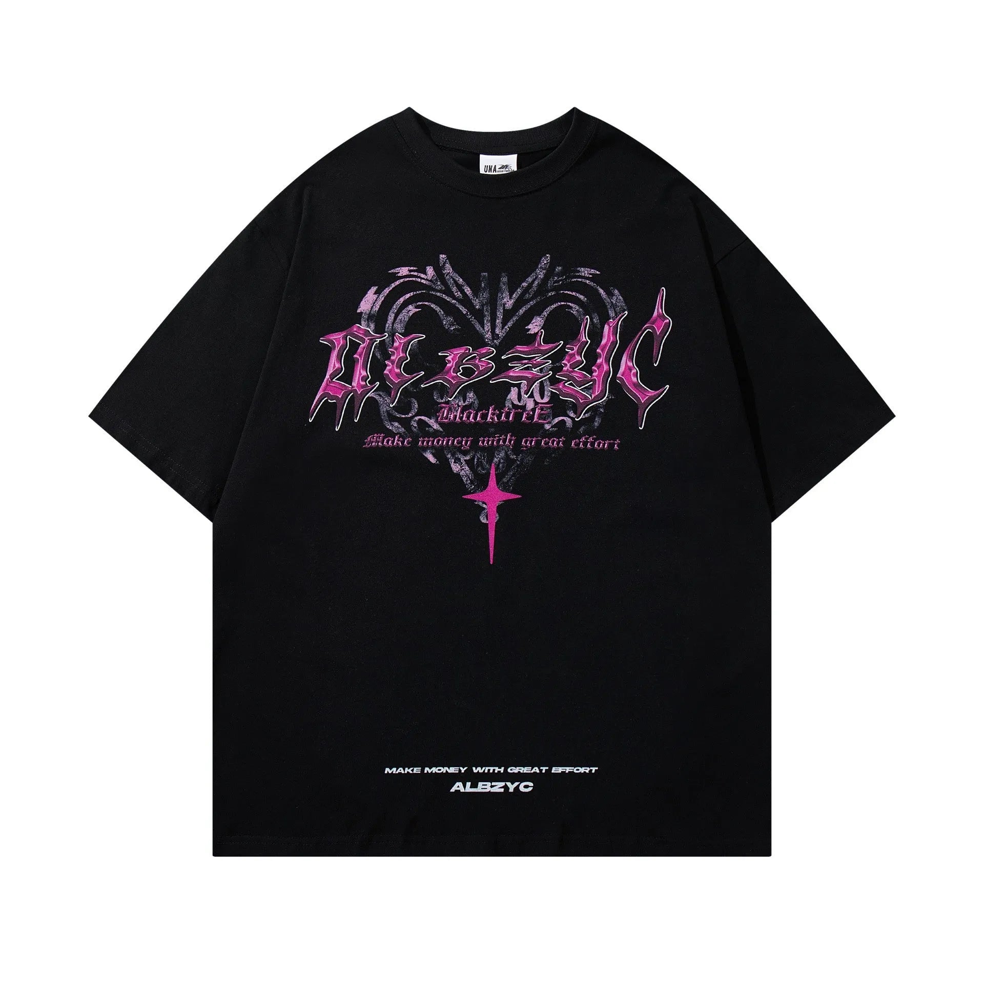 Men's black printed retro design cotton T-shirt with round neck and short sleeves