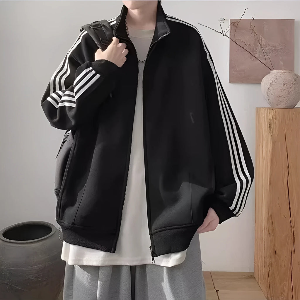 Men's loose casual sports jacket in navy blue, white gray or black, long sleeve polyester, sizes M to 3XL
