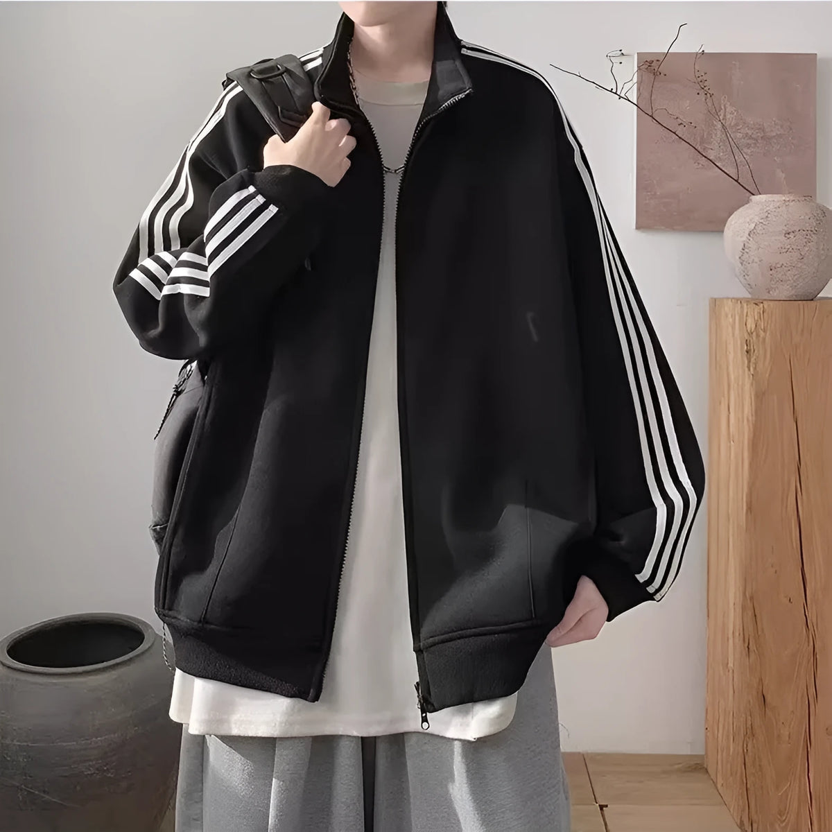 Men's loose casual sports jacket in navy blue, white gray or black, long sleeve polyester, sizes M to 3XL