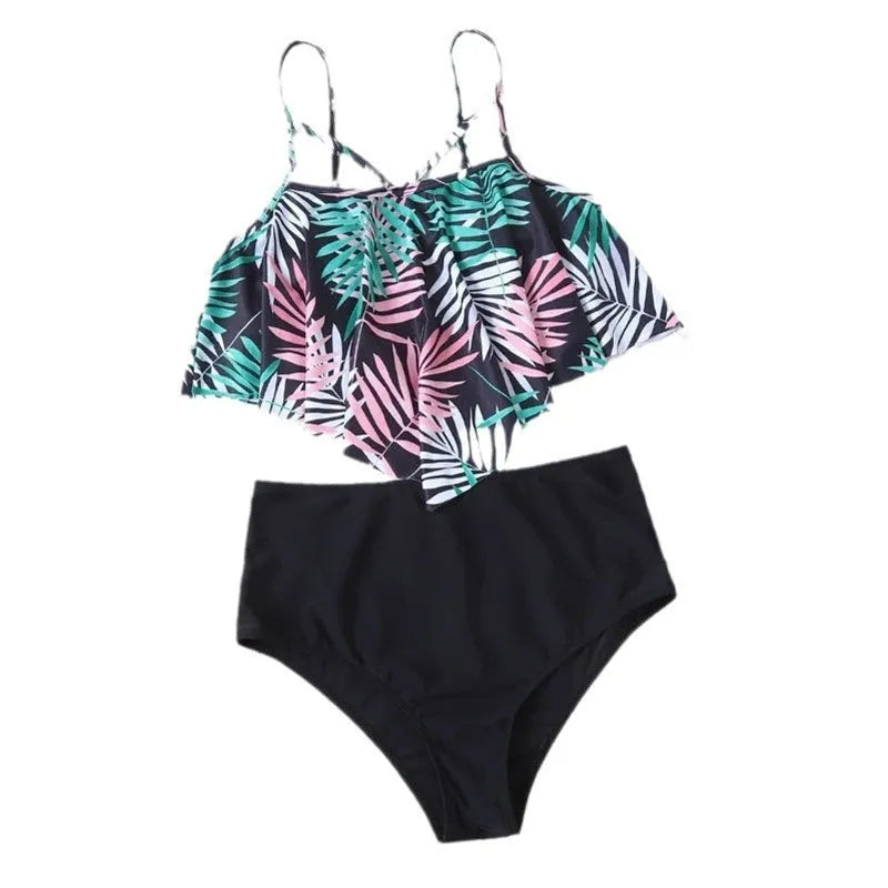 Women's white and blue floral printed high-waist bikini swimsuit with flounced detail.