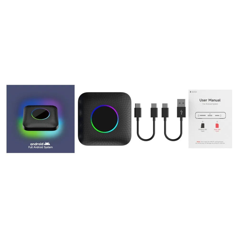 Tbox-Led wireless CarPlay adapter box with Android 13 system, showing compact square design