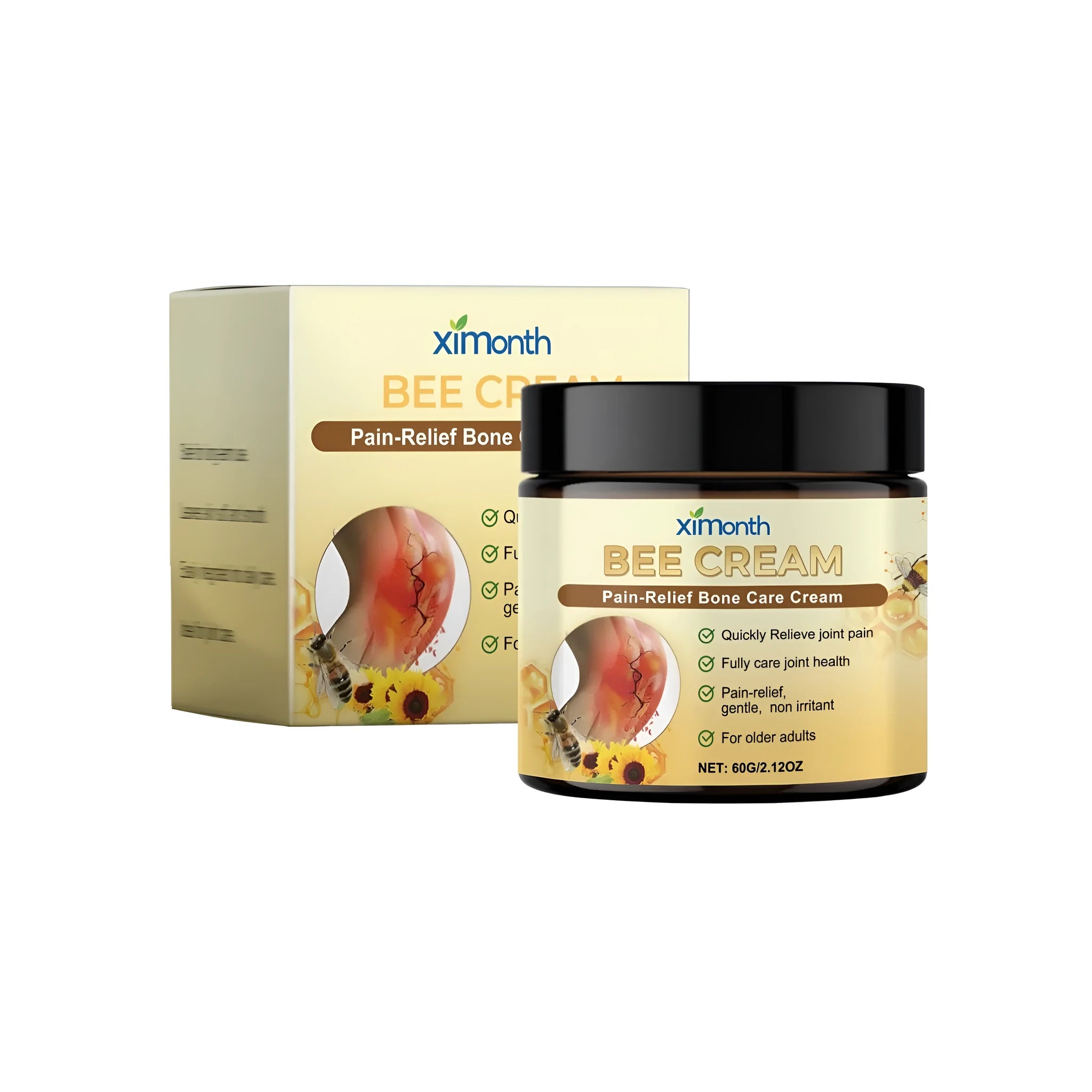 60g tub of pain-relief bone care cream with bee venom, arnica, and glucosamine.