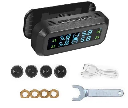 Solar car tyre pressure monitor with colour screen display and wireless anti-theft sensors
