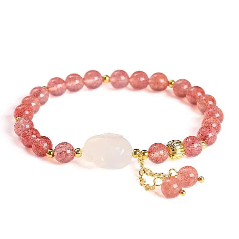 Natural strawberry quartz and agate bracelet with 6mm geometric white rabbit beads