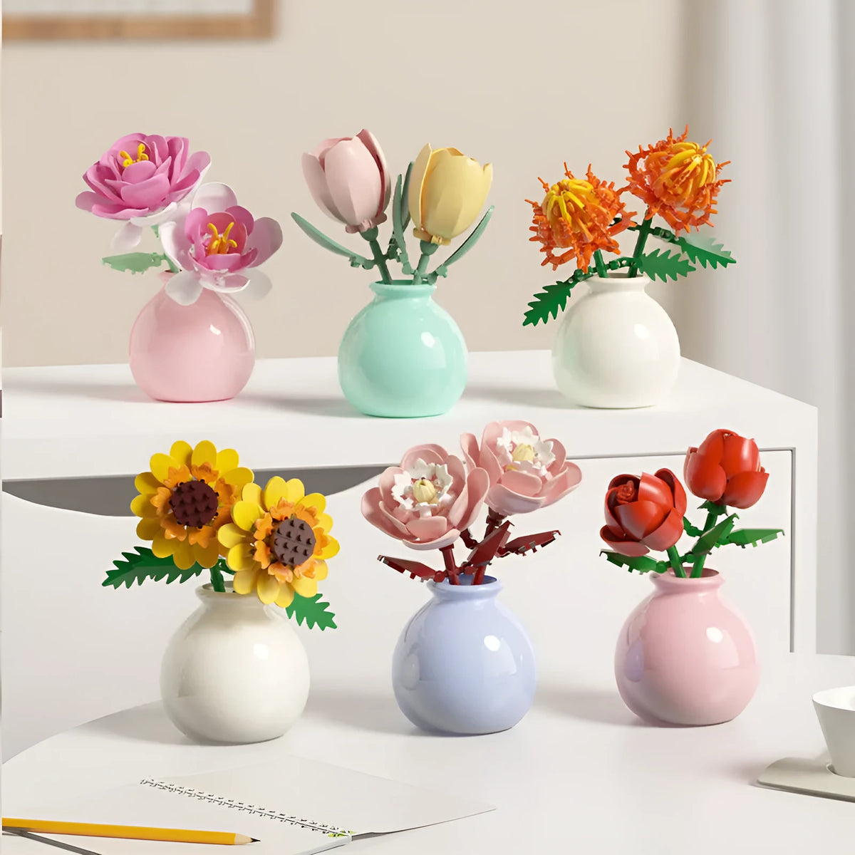 Building block flower vase ornament set with small diamond plastic particles in colour box package