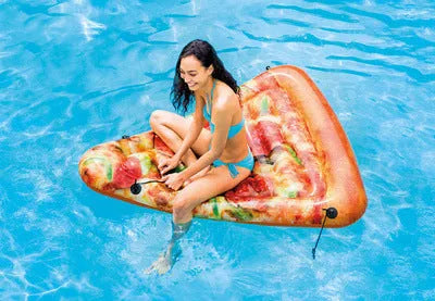 Pizza-themed inflatable surfboard float measuring 175cm by 145cm for pool and beach water recreation