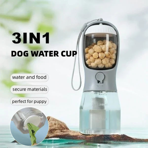 Versatile 3-in-1 pet water bottle with built-in water dispenser, food container, and waste bag compartment for active pet owners