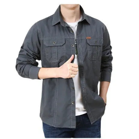 Cotton men's loose fit military style long sleeve shirt in khaki, front view, available in sizes M to 6XL