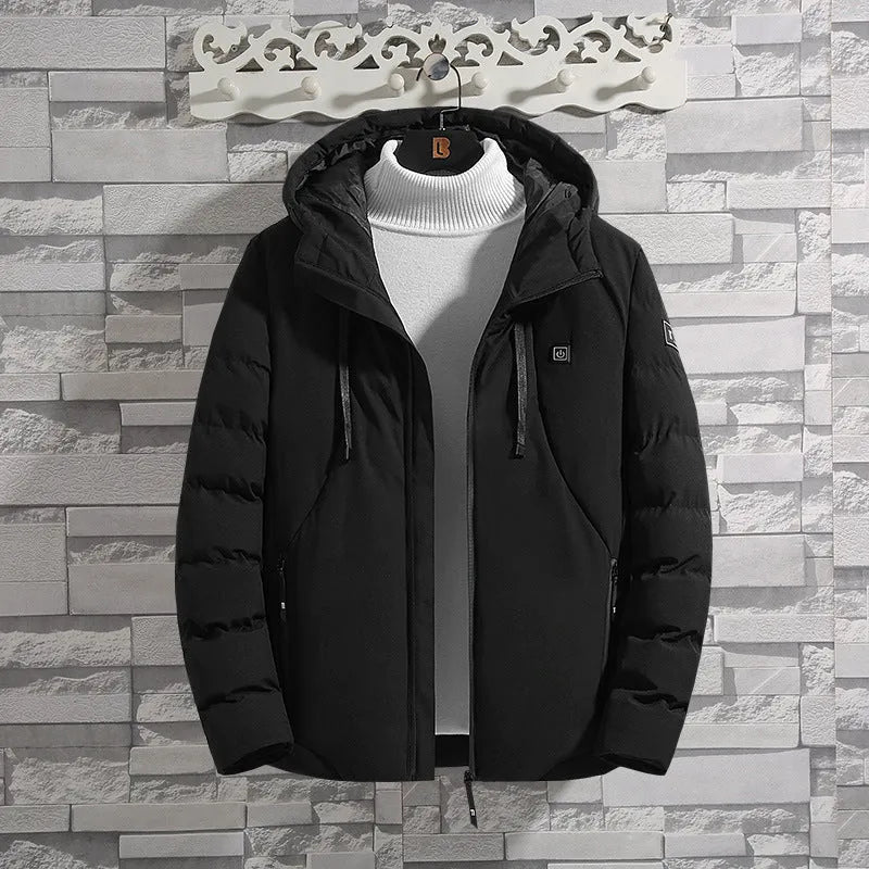 11-zone USB carbon fibre heating jacket in military green with dual-control panel, cotton leisure style, front view