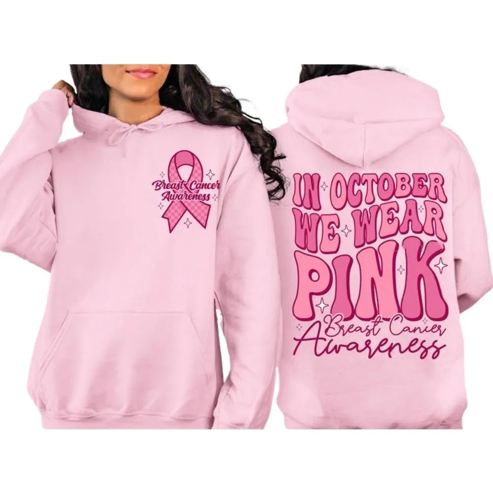 Breast cancer awareness pullover hoodie with art retro print and side seam pockets in multiple colours.