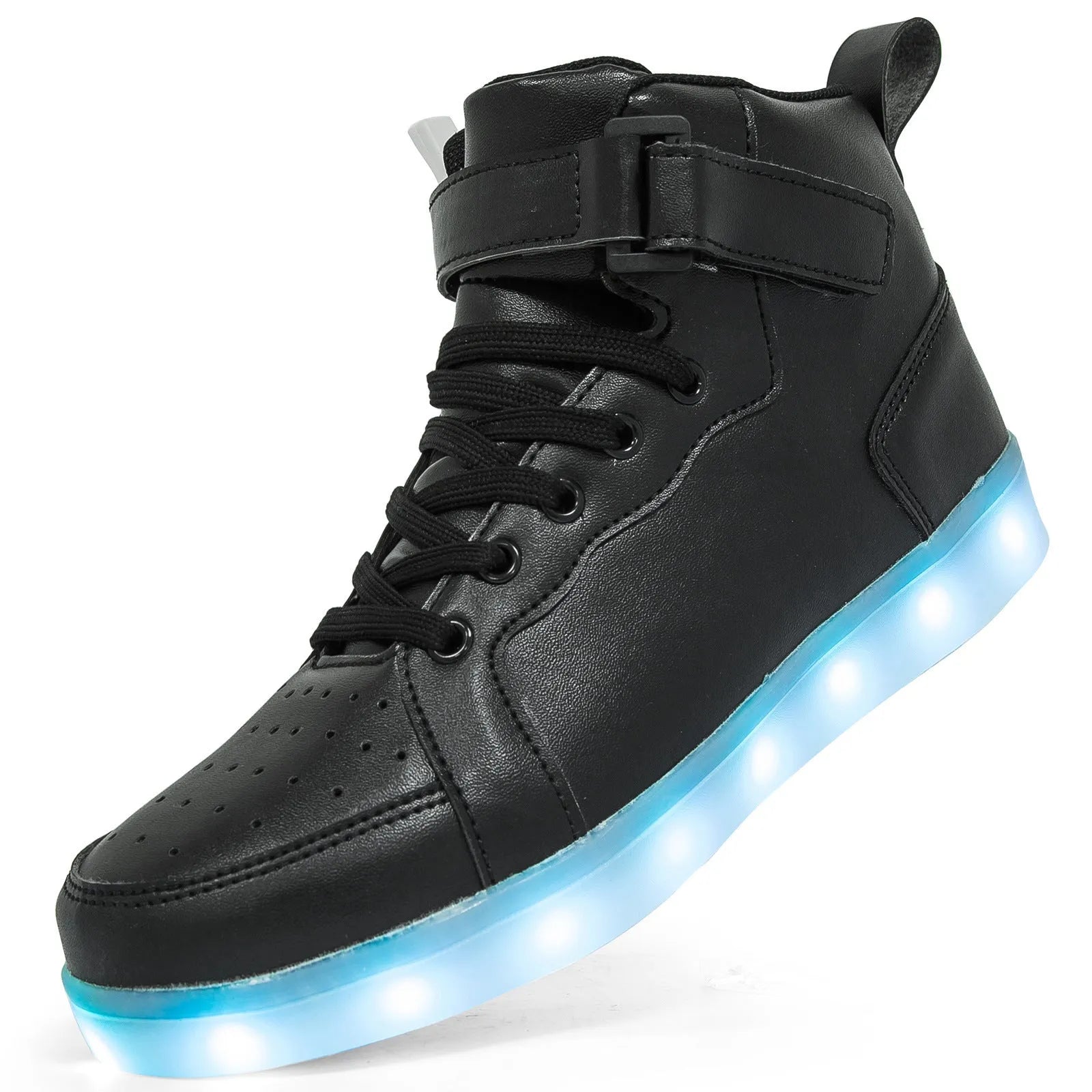LED light up high-top sneakers in multiple colours on a dark background, showing Velcro strap and illuminated soles.